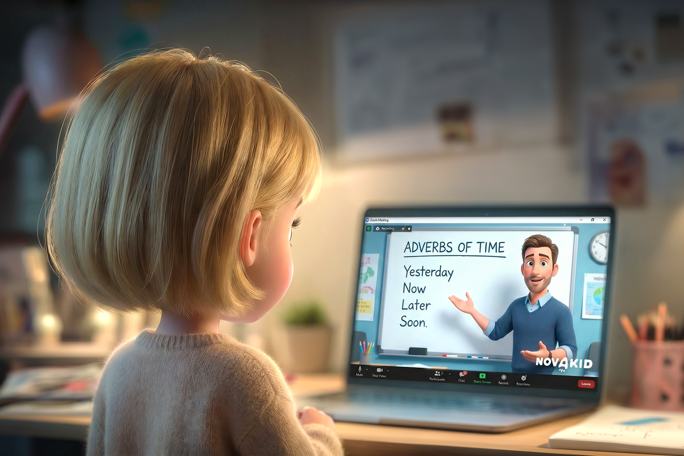 Vediamo una bambina che sta facendo lezione sugli avverbi di tempo / adverbs of time con un insegnante Novakid
