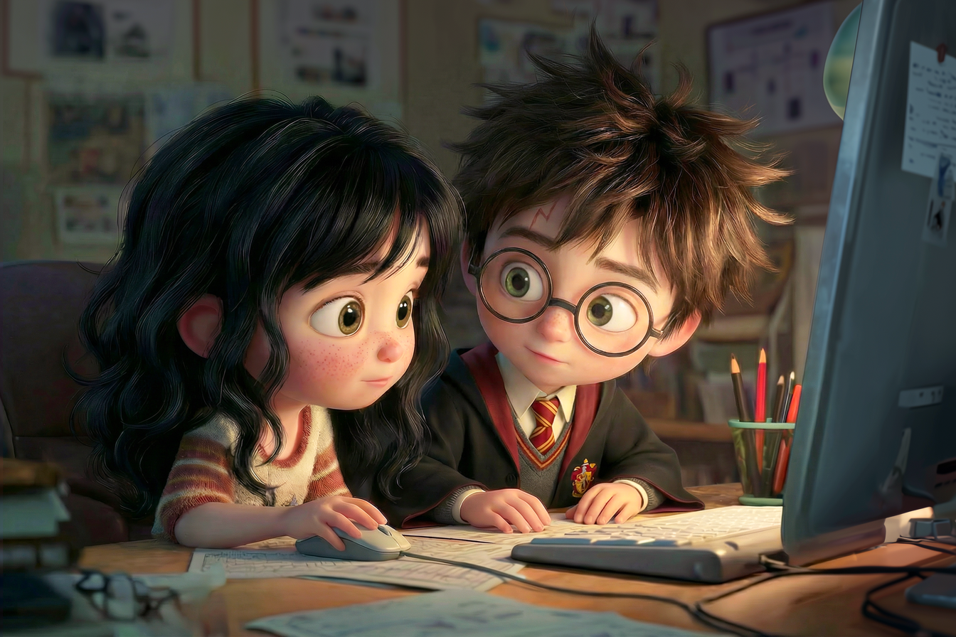 Una bambina sta facendo un esercizio si time markers in inglese al PC e un ragazzino molto somigliante ad Harry Potter è seduto vicino a lei per aiutarla