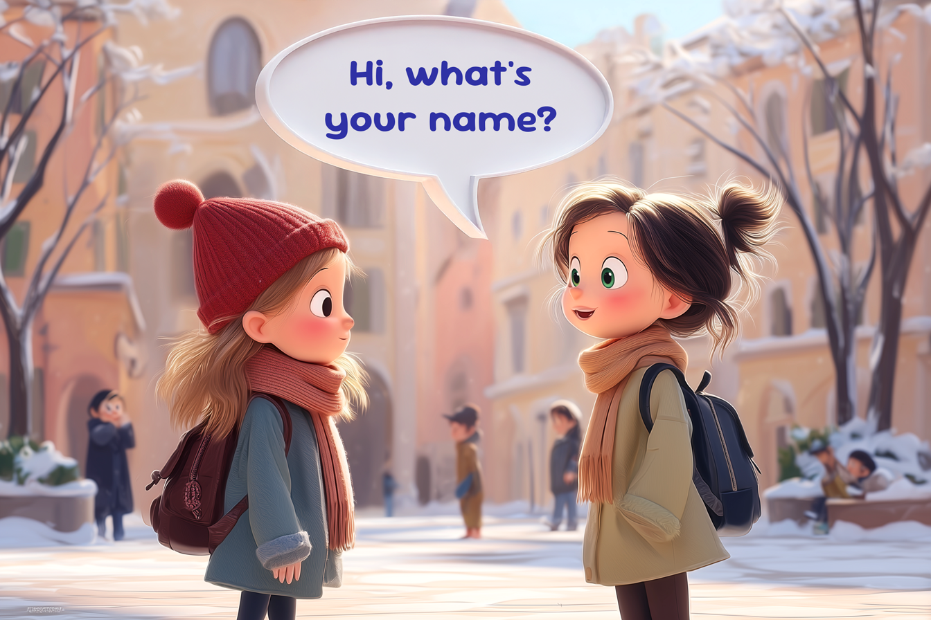 Due bambine nel cortile di una scuola. Una dice all'altra: Hi, what's your name? Esempio di domanda per rompere il ghiaccio e fare amicizia