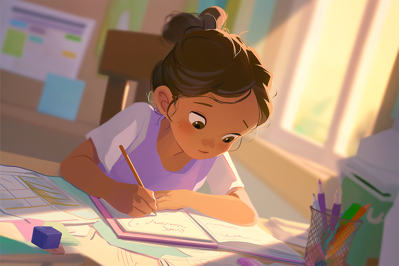 Immagine di una bambina di circa 7 anni che sta imparando a scrivere la data seduta su un banco di scuola.