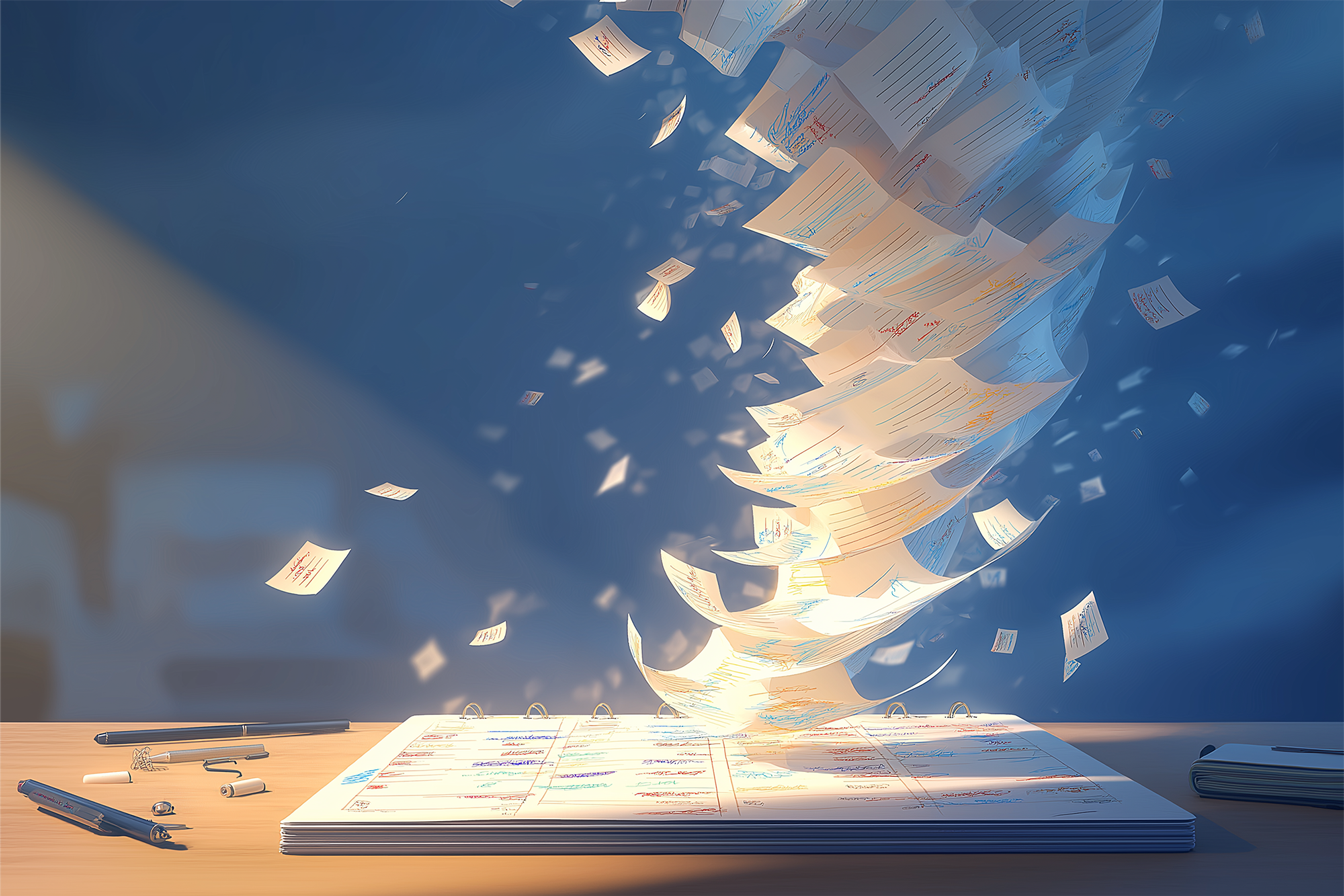 Illustrazione di un calendario da tavolo in cui tutte le pagine sembrano volare via, formando una specie di tornado di date
