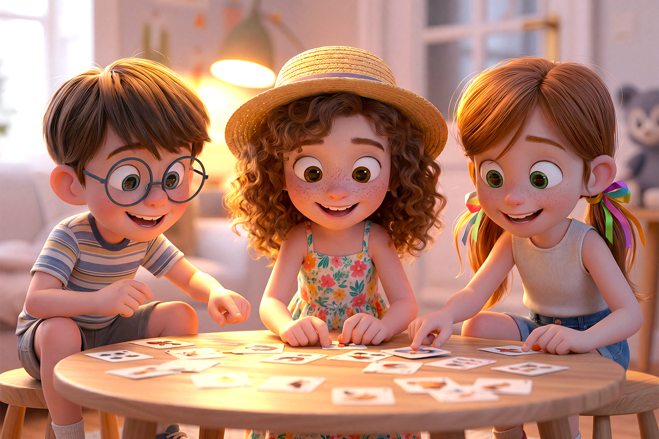 Tre bambini di circa 6/7 anni giocano a Memory in inglese