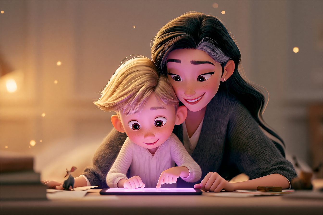 Un bambino di circa 4 anni, accompagnato dalla sua mamma, sta facendo una lezione sull'app Novakid