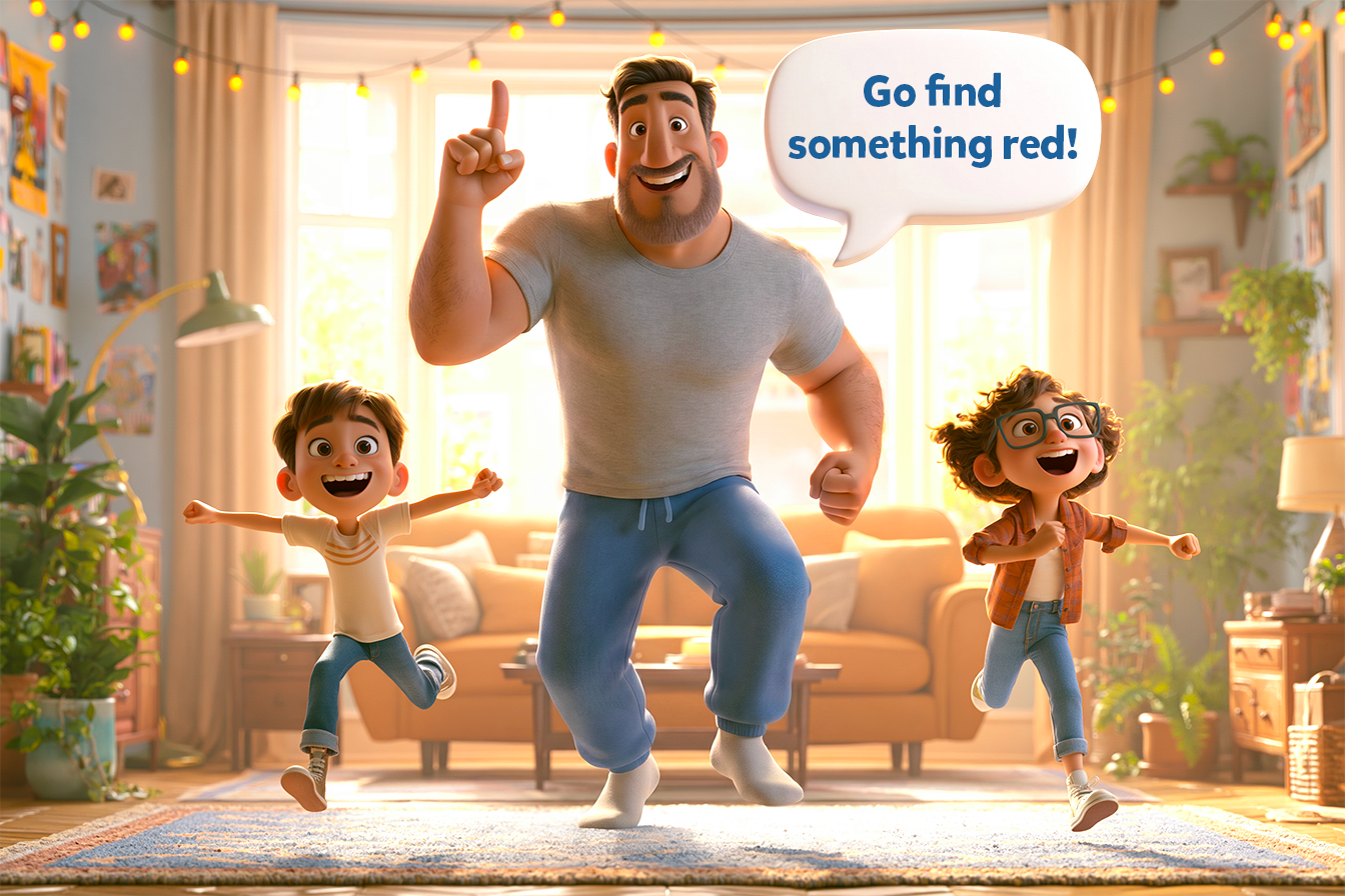 Siamo nel salotto di una casa. Il papà grida: Go find something red! e due o tre bambini di circa 10 anni corrono a eseguire il comando