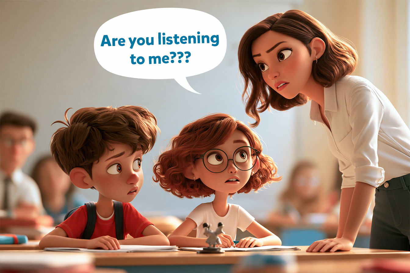Una maestra in classe sgrida due bambini distratti: Are you listening to me???