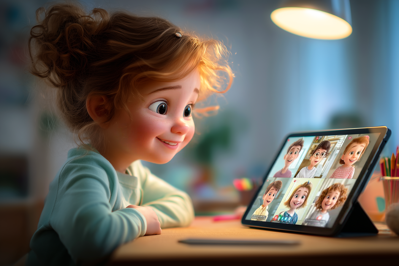 Immagine di una bambina che segue un gruppo di conversazione Novakid. Sullo schermo del suo dispositivo si vedono gli altri bambini e l'insegnante