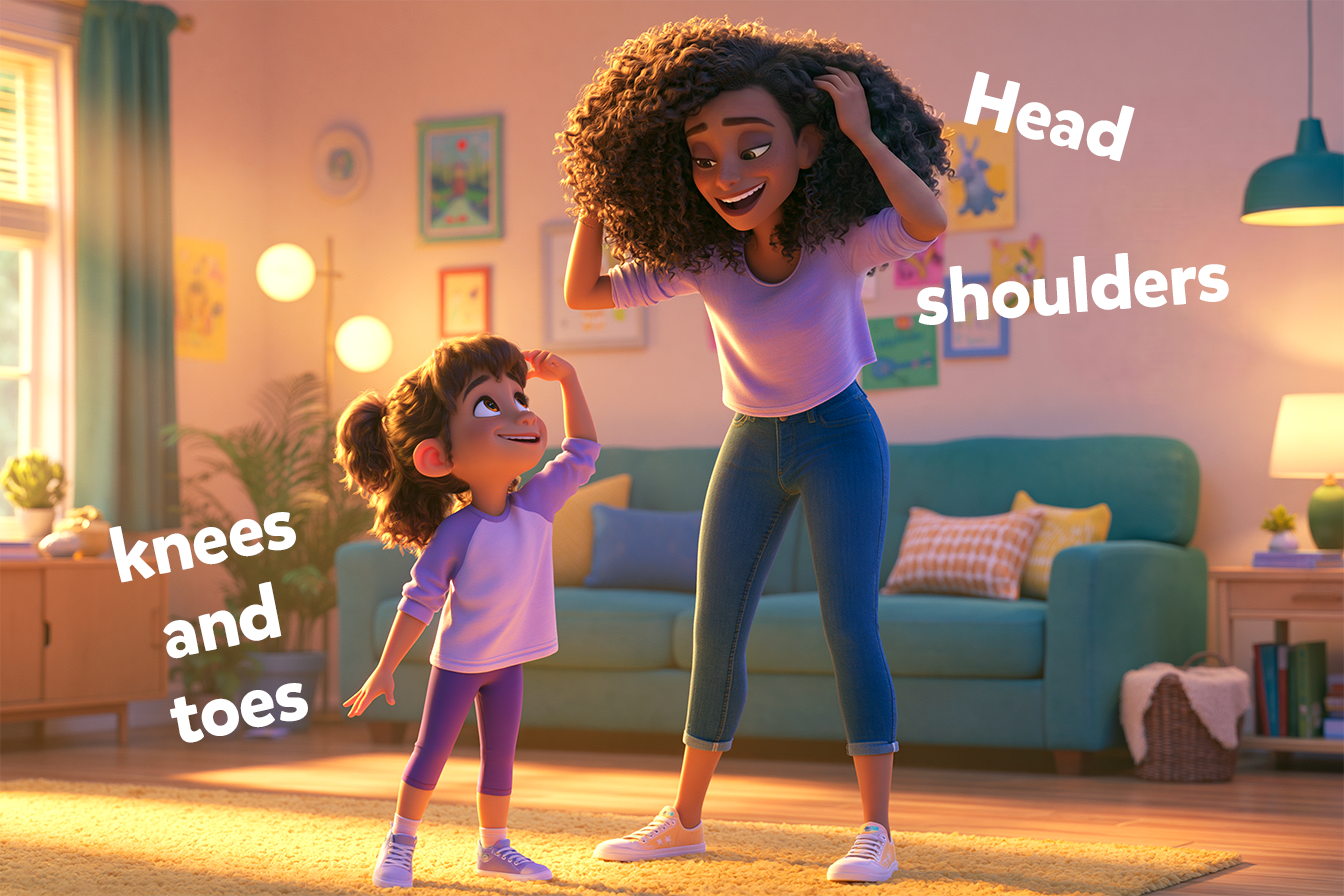 Una mamma e una bambina di circa 4 anni cantano insieme Head, Shoulders, Knees and Toes, una canzone dei bimbi piccoli inglese molto nota.
