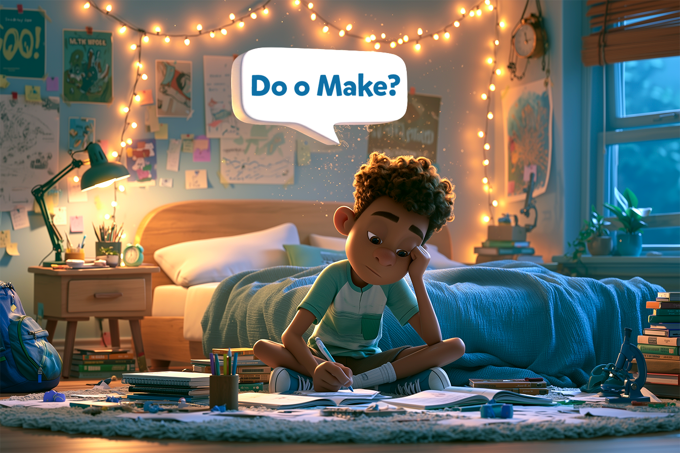 Un bambino sta facendo un compito di inglese e nel fumetto sopra sua testa leggiamo: Do o Make?