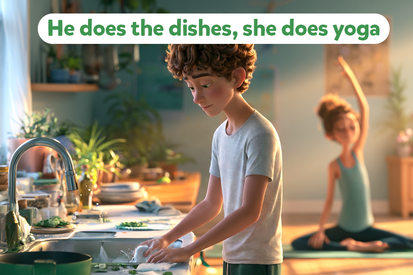 Vediamo in primo piano un giovane uomo che fa i piatti mentre sullo sfondo una ragazza fa yoga e leggiamo: He does the dishes, she does yoga.