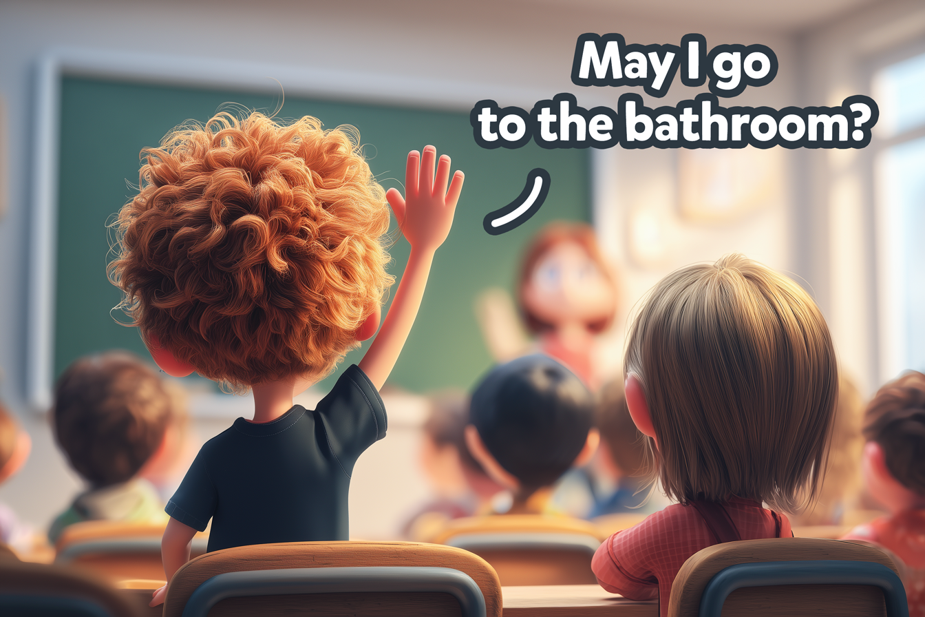 In una classe elementare, un bambino alza la mano e chiede alla maestra: May I go to the bathroom?