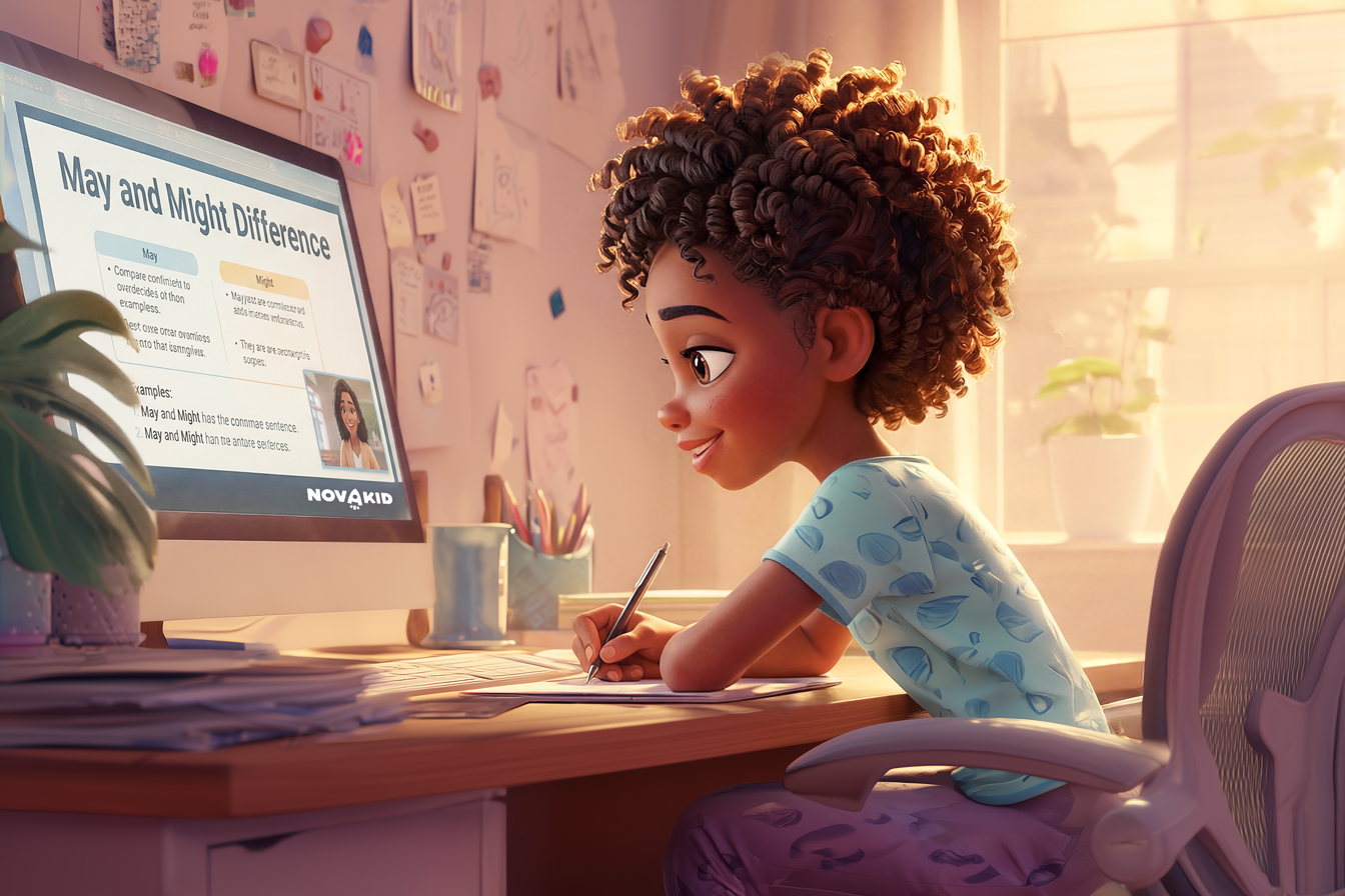 May e Might differenza: Bambina di circa 10 anni sta facendo lezione online con Novakid