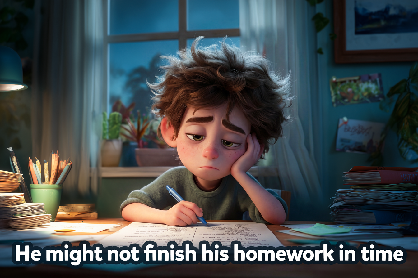Vediamo un bambino seduto alla sua scrivania, concentrato sui compiti e con l'aria affaticata, fuori dalla finestra il sole è già tramontato. Illustrazione della frase: He might not finish his homework in time