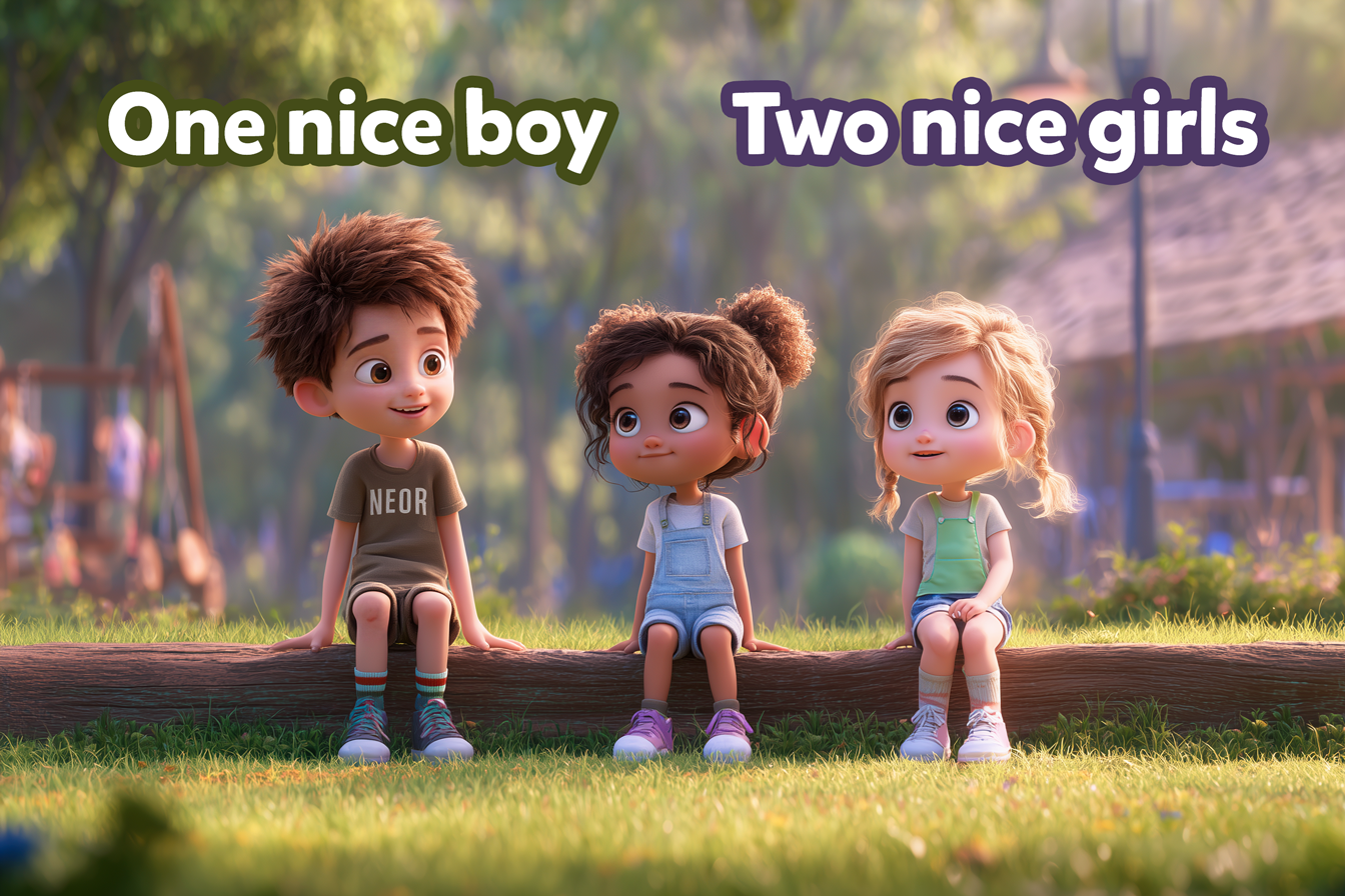 Vediamo un bambino e due bambine. Sopra di loro leggiamo: One nice boy - Two nice girls. Illustrazione delle regole fondamentali degli aggettivi in inglese