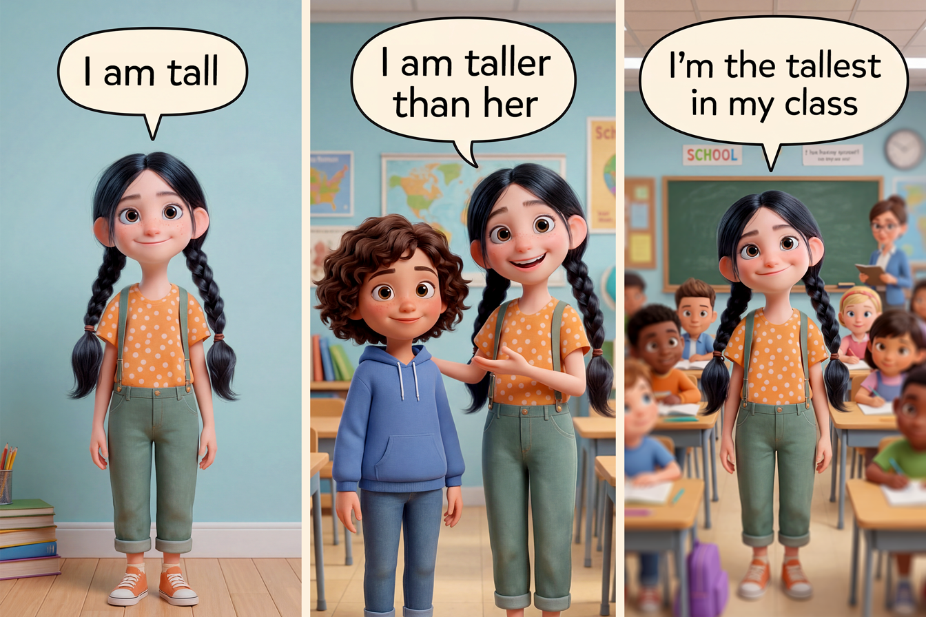 Nella stessa immagine vediamo la stessa bambina tre volte. a sinistra dice: I am tall. Al centro la stessa bambina, vicina a una sua amica, stavolta dice: I am taller than her! A destra, la stessa bambina dice: I'm the tallest in my class! (vediamo sullo sfondo altri bambini)