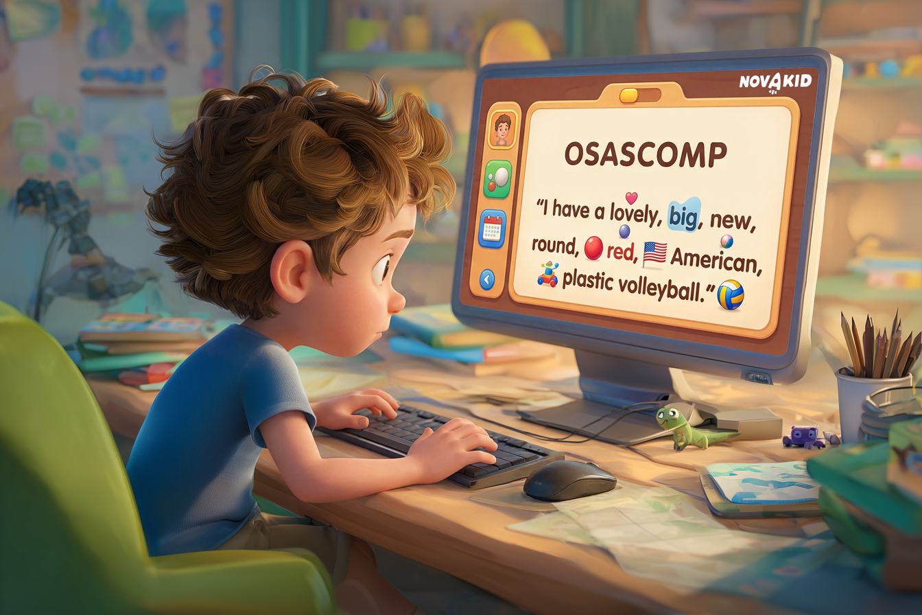 Bambino guarda sul PC una lavagna Novakid. Sulla prima riga vediamo la scritta: OSASCOMP. Sulla seconda riga, sotto alla precedente, leggiamo la frase: