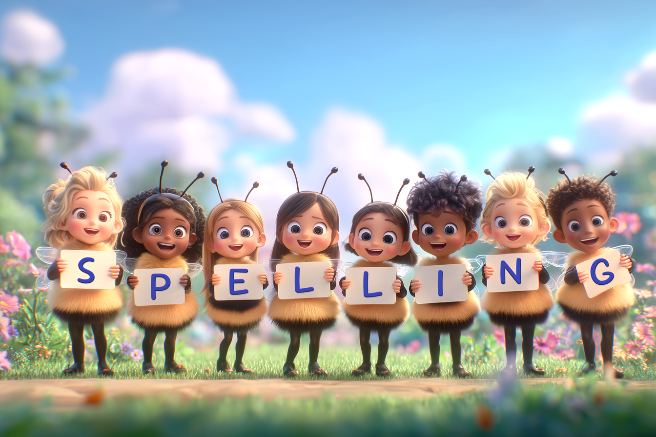 Immagine di tanti bambini che tengono dei cartelloni che insieme formano la parola spelling