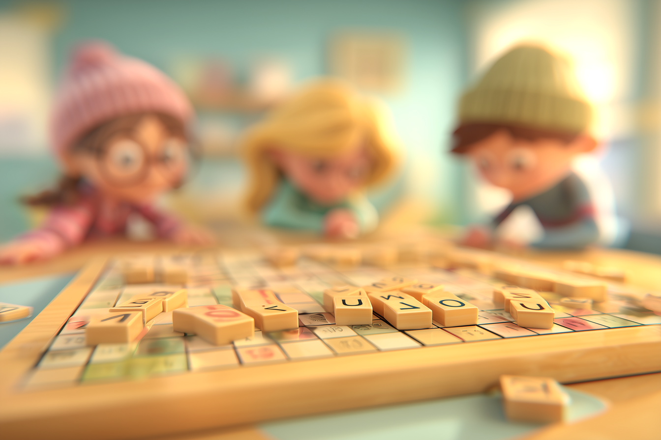 Tre bambini giocano a Scrabble per imparare lo spelling e le lettere dell'alfabeto inglese