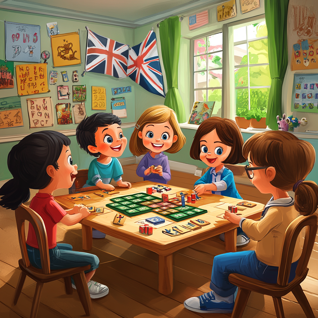 Giochi per imparare l'inglese: illustrazione di bambini in classe che giocano