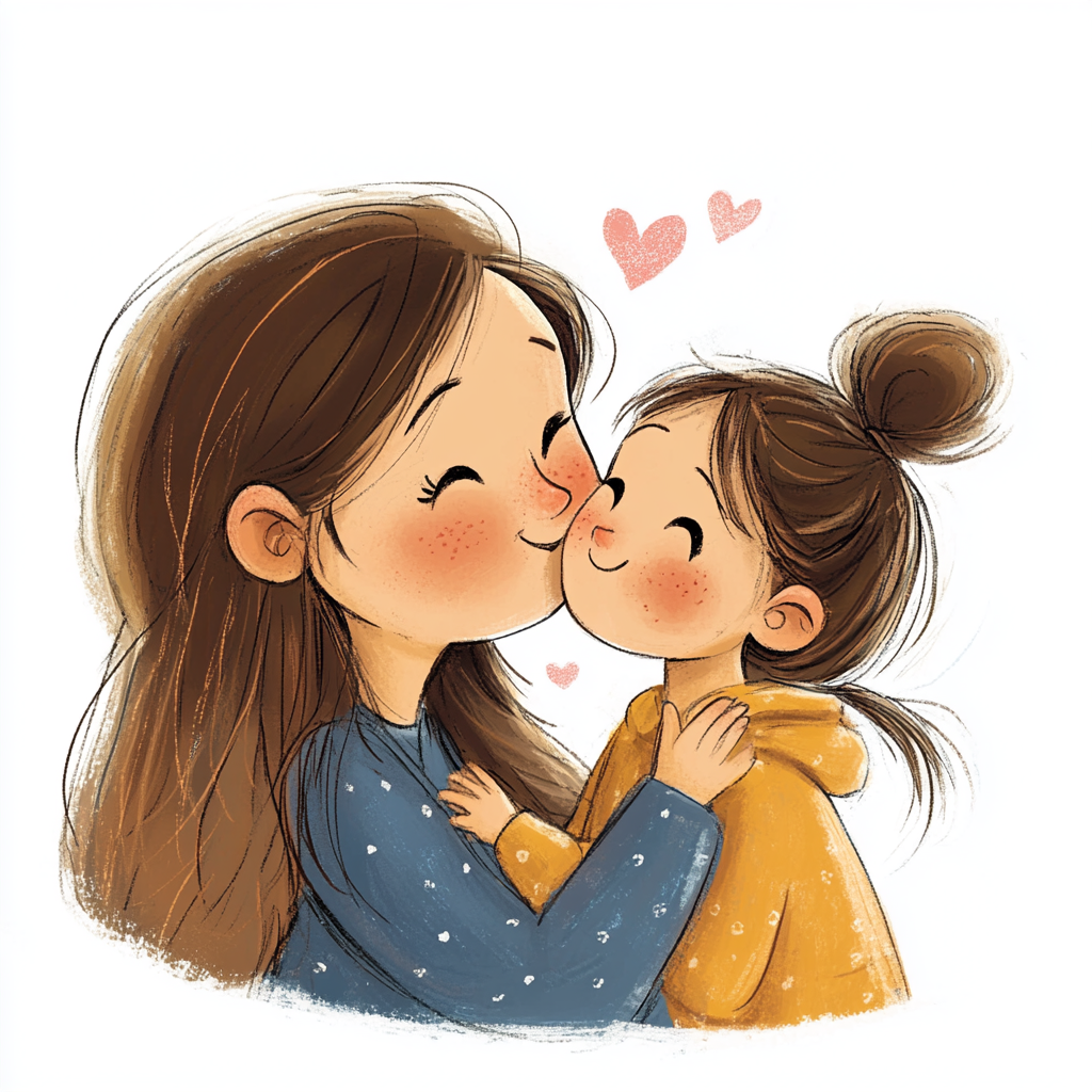 Illustrazione di una bambina che dà un bacio alla sua mamma mente gioca a Simon Says