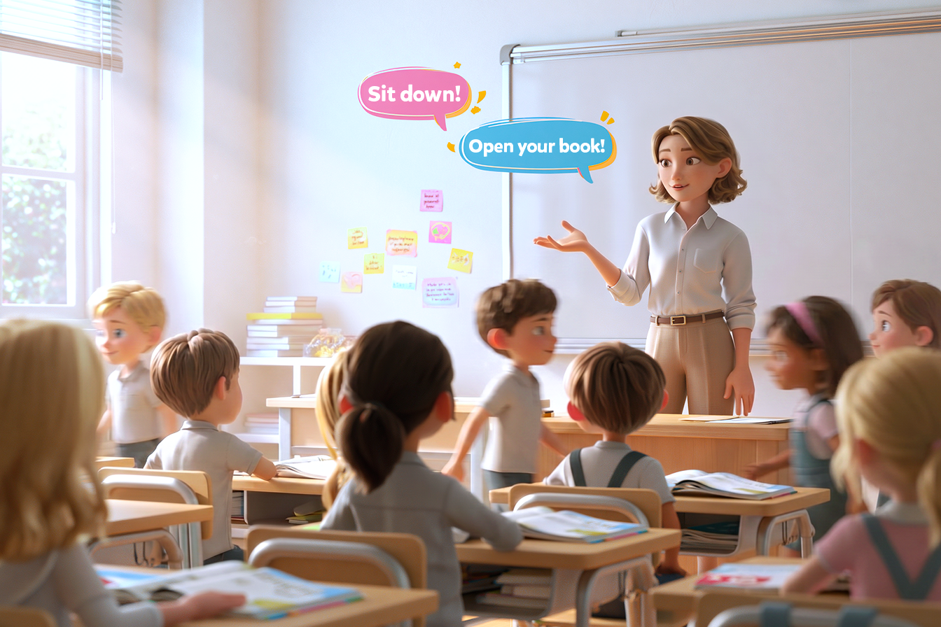 Durante una lezione di inglese in seconda elementare il maestro dice: Sit down and open your book!