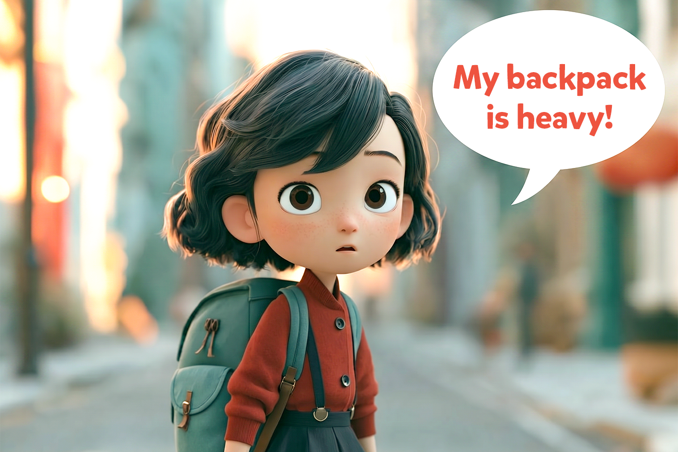 Una bambina va a scuola con uno zaino pesante e dice: My backpack is heavy! (esempio di vocabolario inglese seconda elementare)