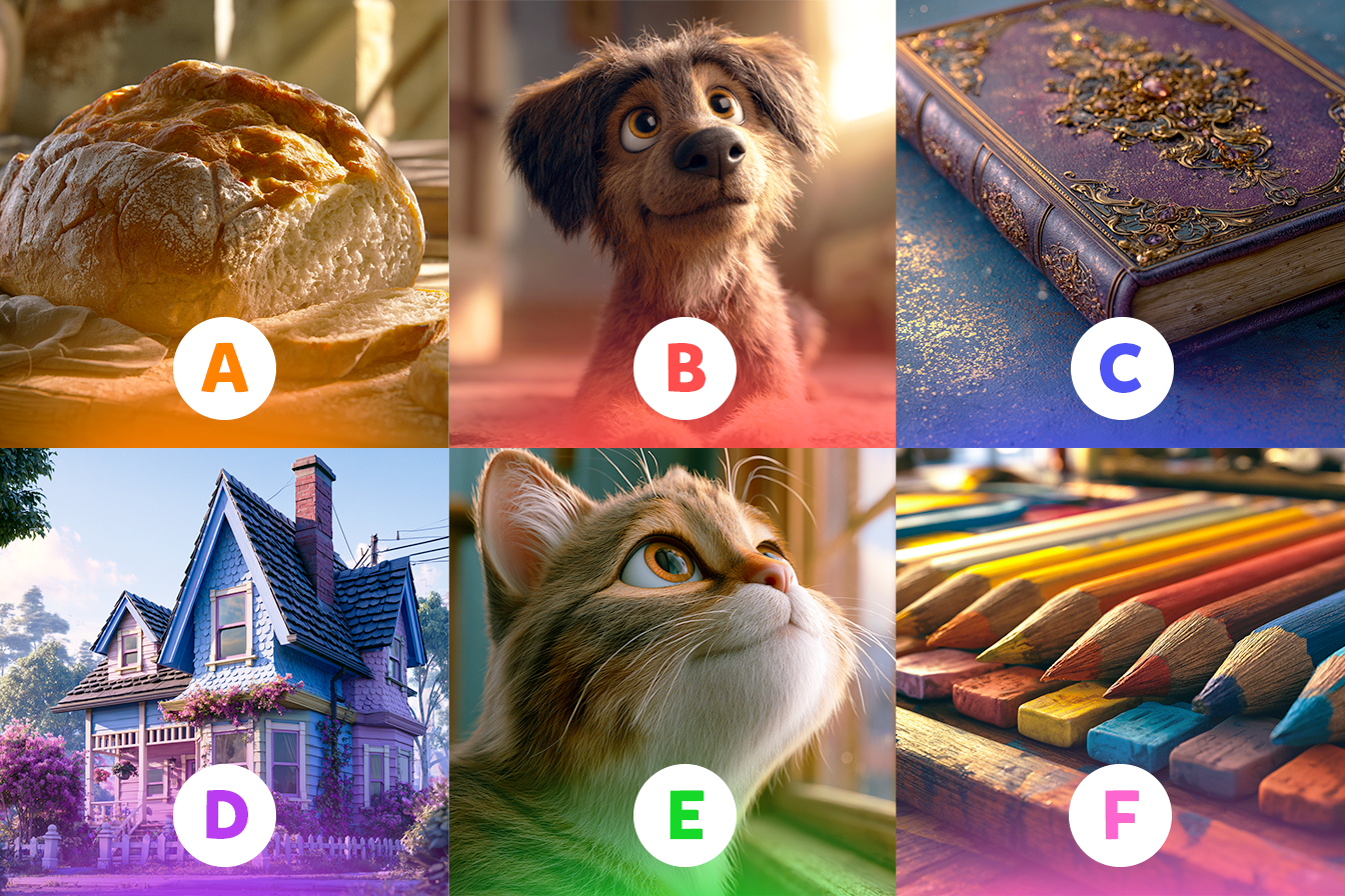 Immagine di cane, gatto, mela, matita, libro e casa per esercizio di abbinamento vocabolario per seconda elementare inglese