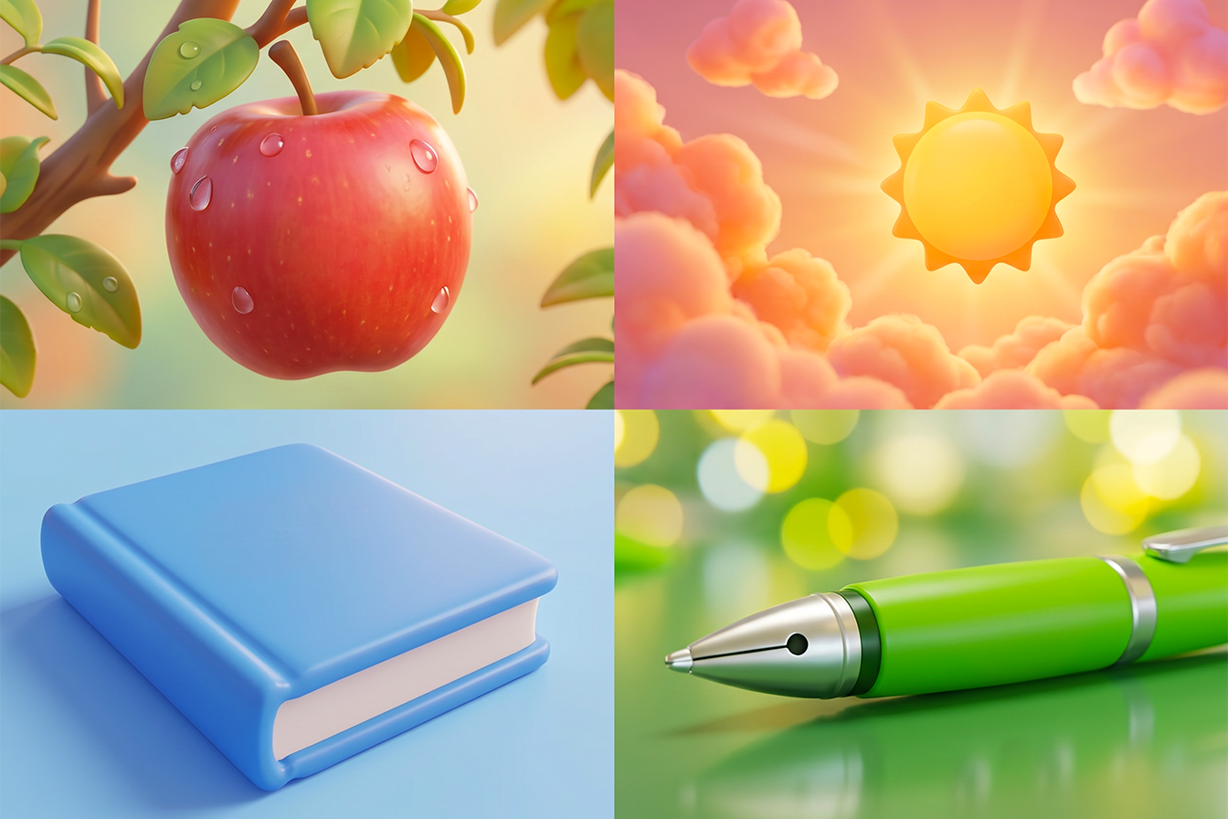 disegni da colorare — mela, sole, libro, matita - per esercizi di inglese seconda elementare