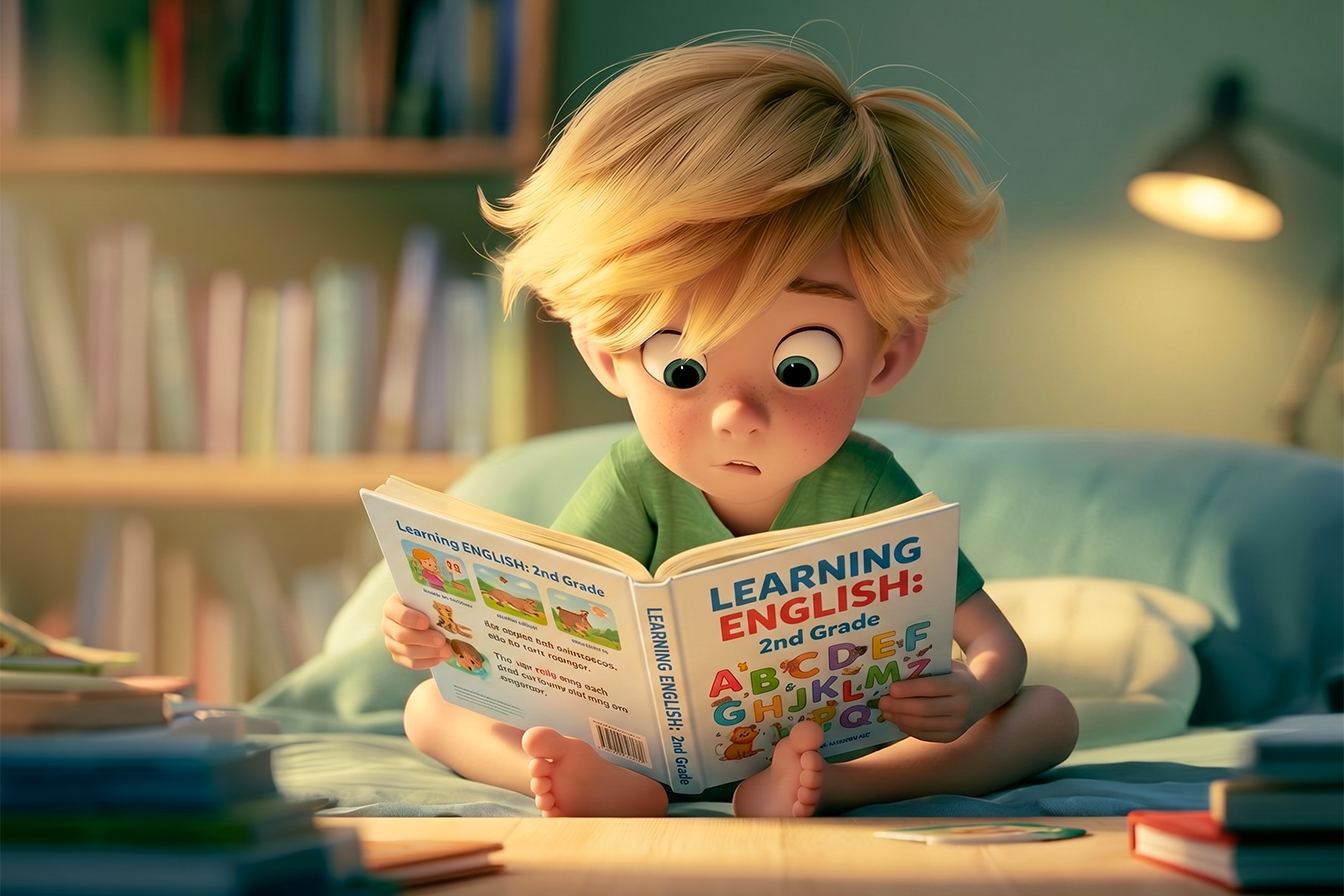 Un bambino legge in libro di seconda elementare in inglese con molte illustrazioni e poco testo