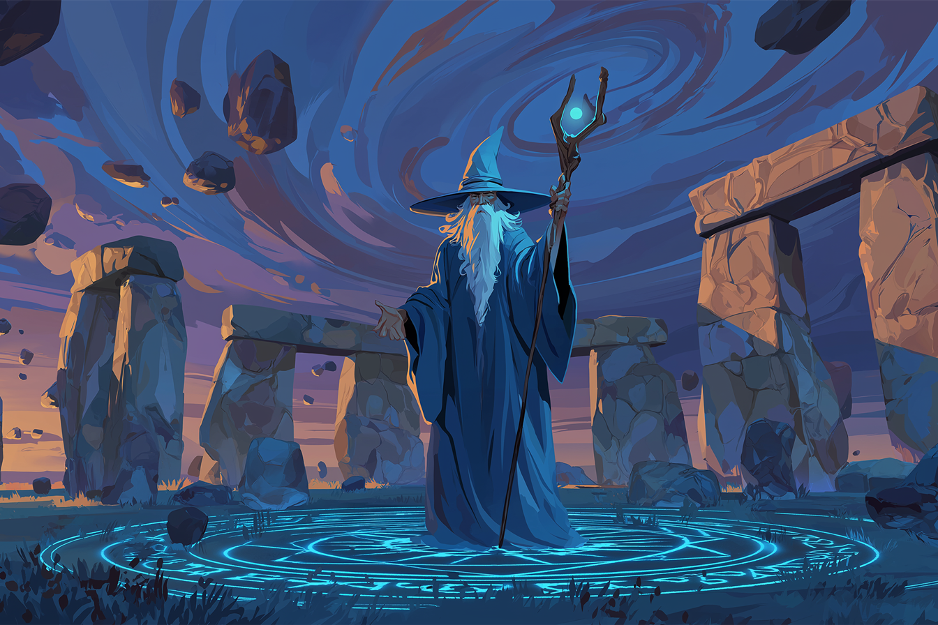Illustrazione del Mago Merlino intento a costruire un circolo di pietre con la magia della sua bacchetta.
