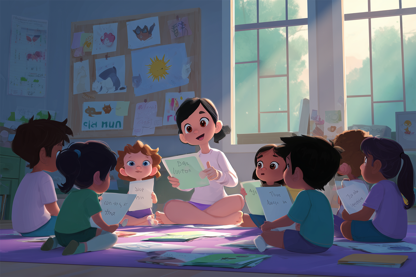 Un gruppo di bambini di scuola dell'infanzia sta facendo un'attività di inglese seconda lingua.