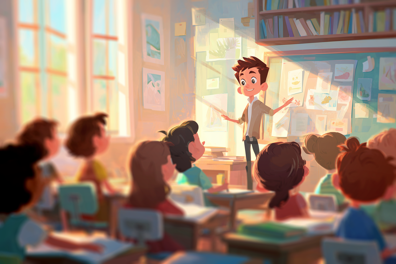 In una classe di scuola elementare, tutti i bambini ascoltano il loro compagno che sta facendo una presentazione di se stesso in inglese