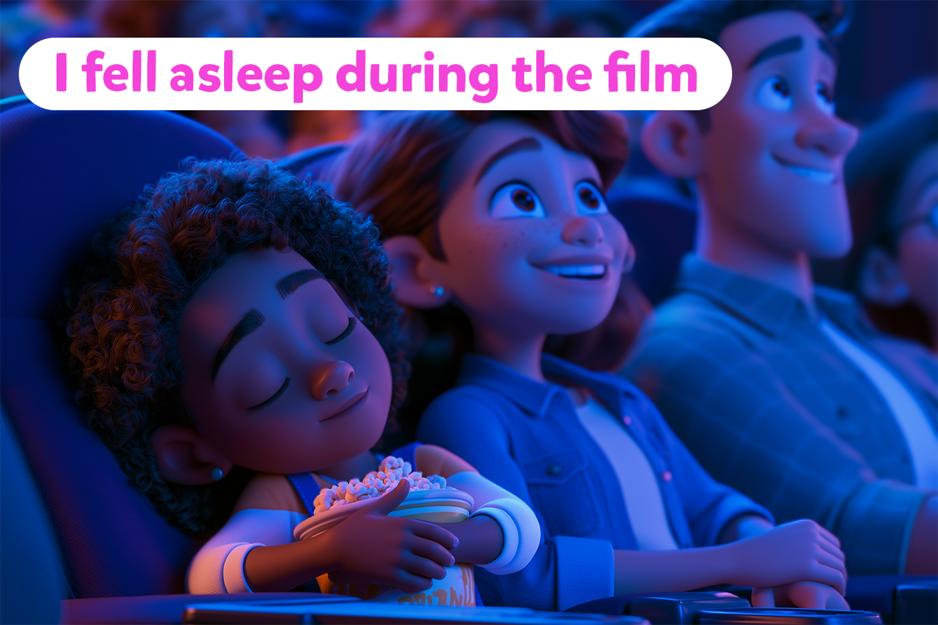 Illustrazione della frase: I fell asleep during the film. Uso di during, preposizione di tempo inglese