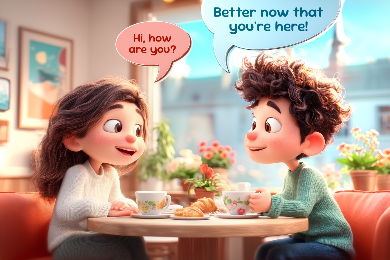Un ragazzo e una ragazza sono seduti ai tavolini di un bar. Lei chiede: Hi, how are you? E lui risponde: Better now that you're here!