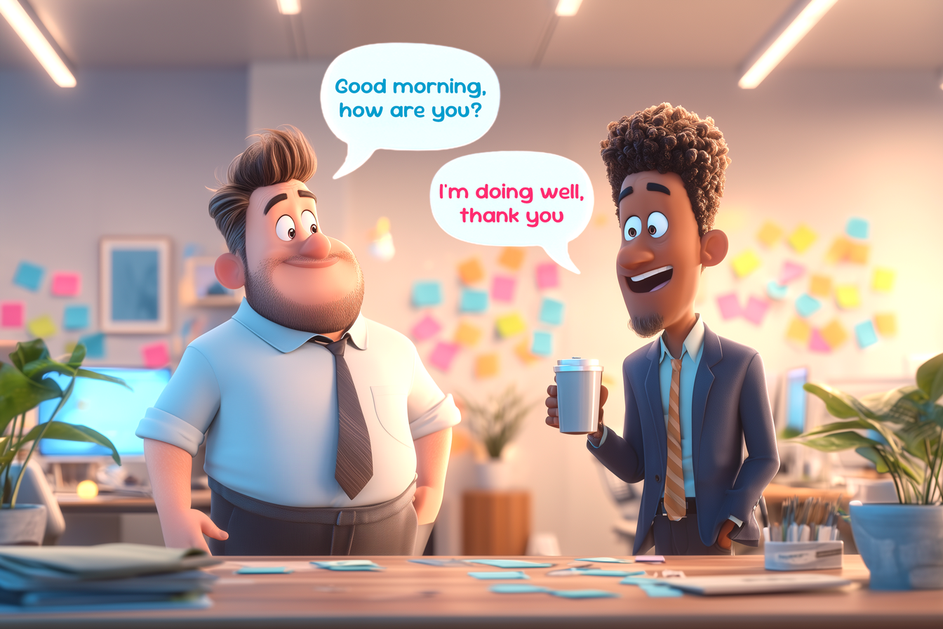 n ufficio due colleghe si incontrano e hanno questo dialogo. - Good morning, how are you? - Iìm doing well, thank you