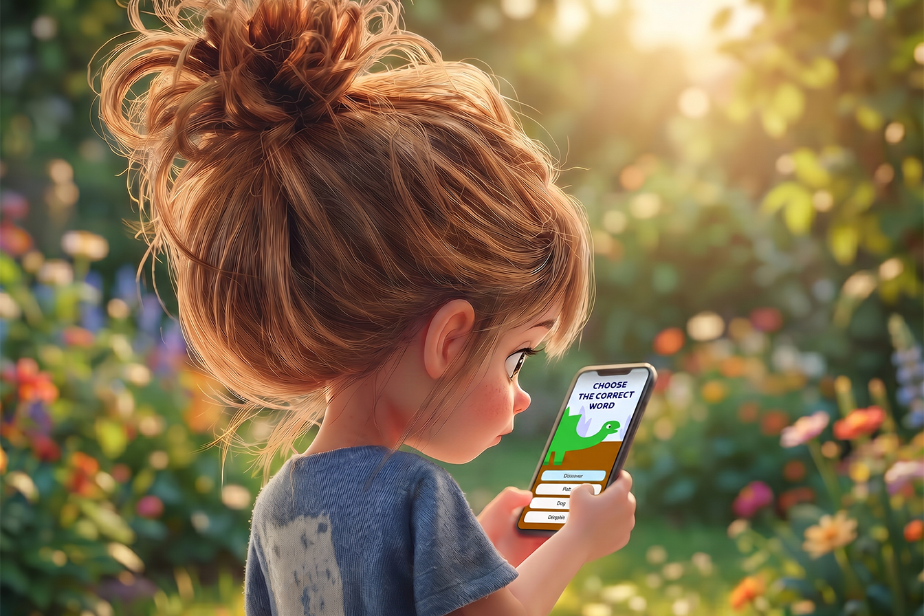 Bambina che usa Novakid app per imparare inglese sullo smartphone