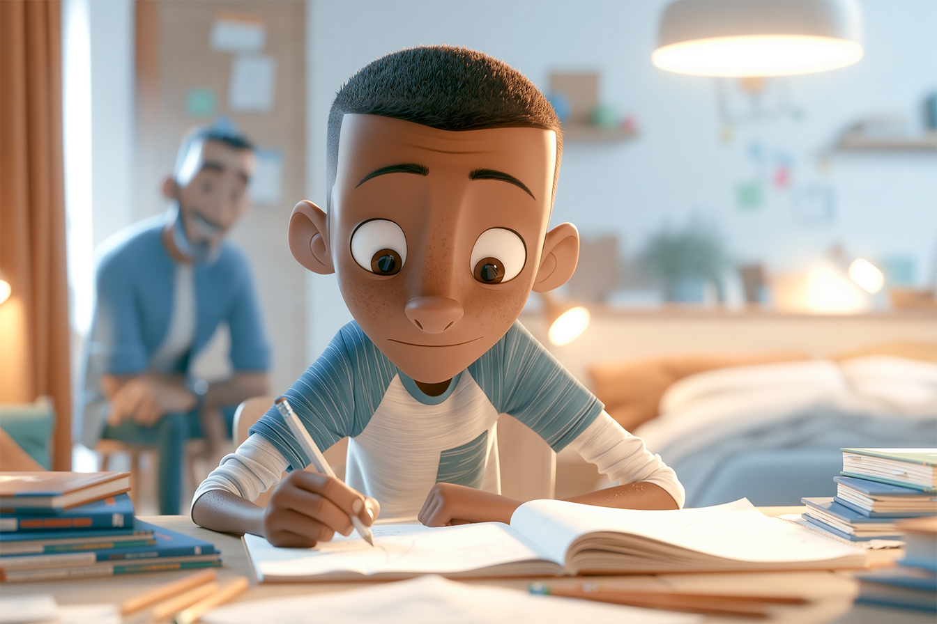 bambino fa i compiti padre sullo sfondo