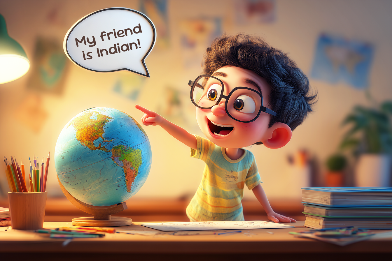 bambino-indica-mappamondo-dice-mio-amico-indiano