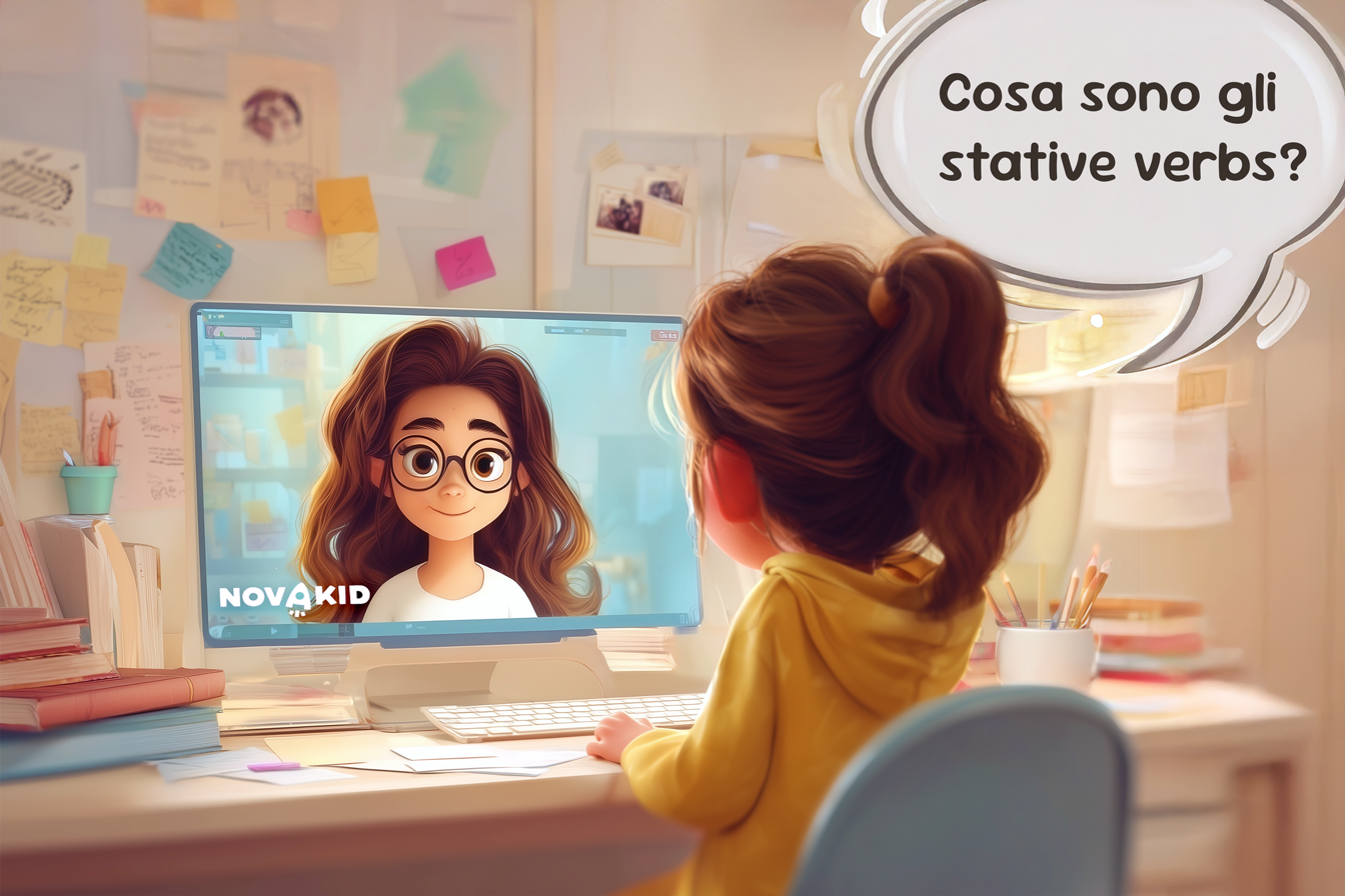Vediamo una bambina di spalle, seduta. davanti ha un PC e sullo schermo vediamo un insegnante Novakid. La bambina sta facendo lezione di inglese online e chiede al suo insegnante: Cosa sono gli stative verbs?