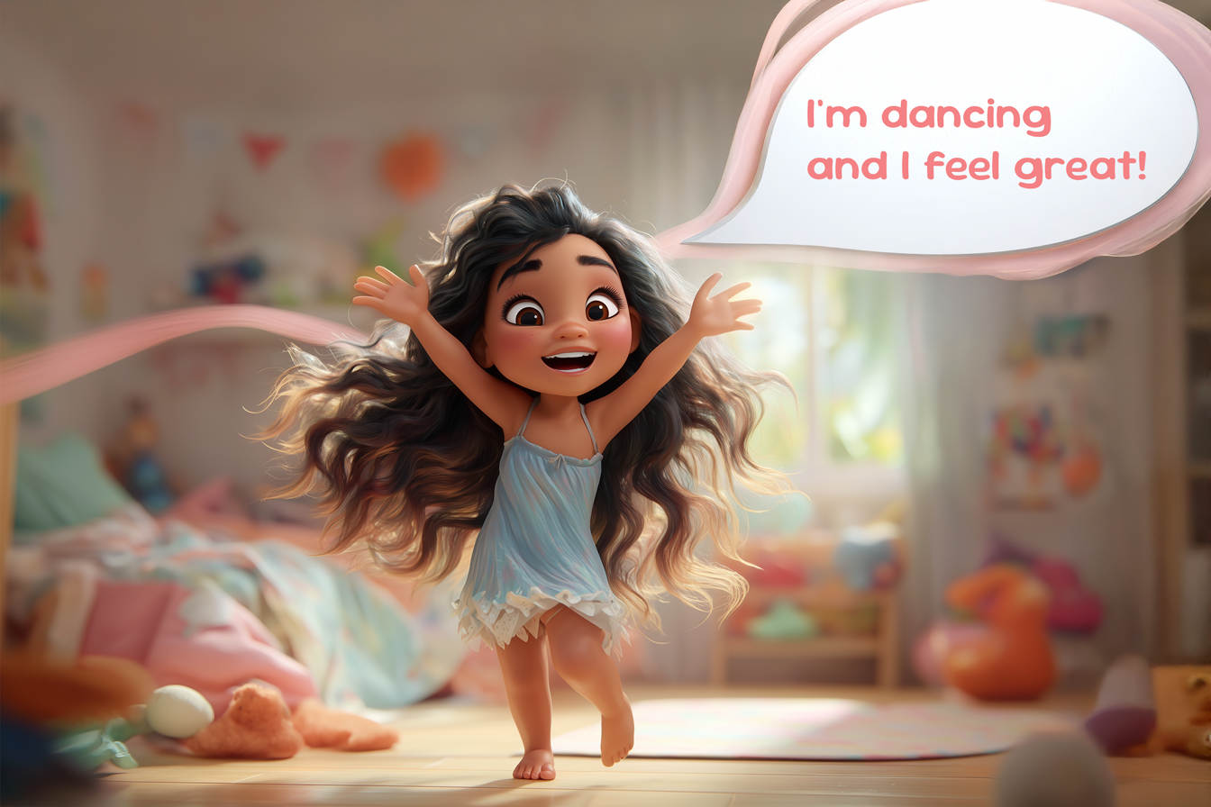 Una ragazza sta ballando nella sua stanza. In un fumetto sulla sua testa leggiamo: I'm dancing and I feel great! (differenza fra stative verbs e action verbs)