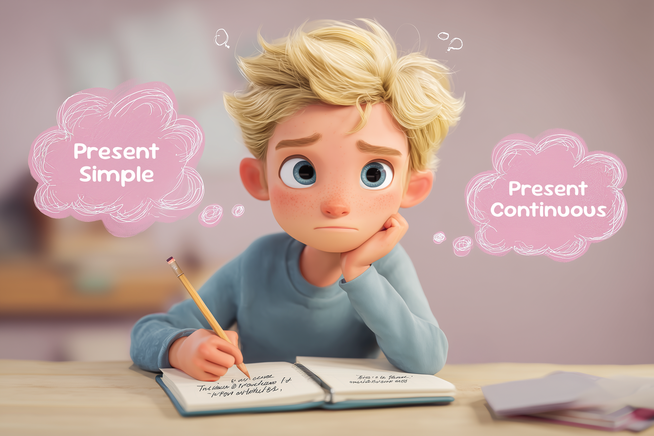 Un bambino sta facendo i compiti con l'aria dubbiosa: Deve usare il Present Simple o il Present Continuous con il verbi di stato?
