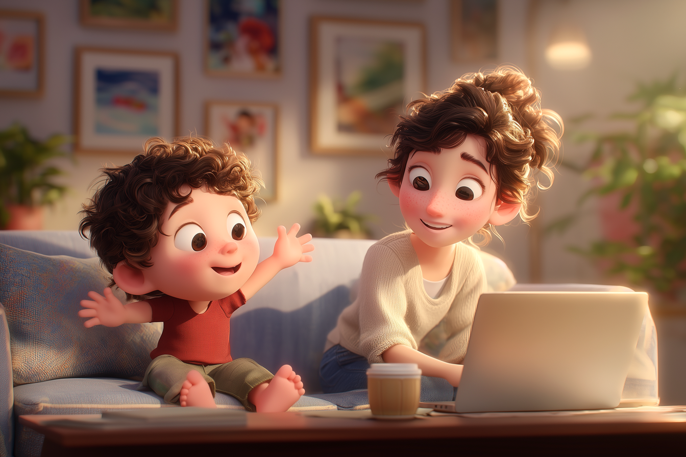 Un bambino di circa 4 anni è seduto sul divano con la sua mamma davanti al PC per fare una lezione di inglese online con Novakid