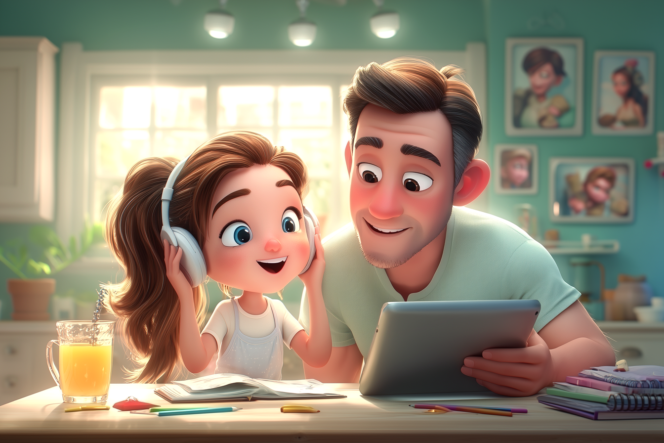 Un papà e una bambina stanno preparando il tablet e le cuffie per la lezione di prova di inglese online per bambini