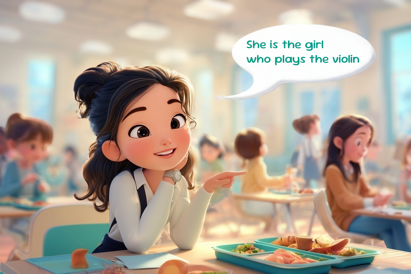ragazza indica altra ragazza e dice “this is the girl who plays the violin”