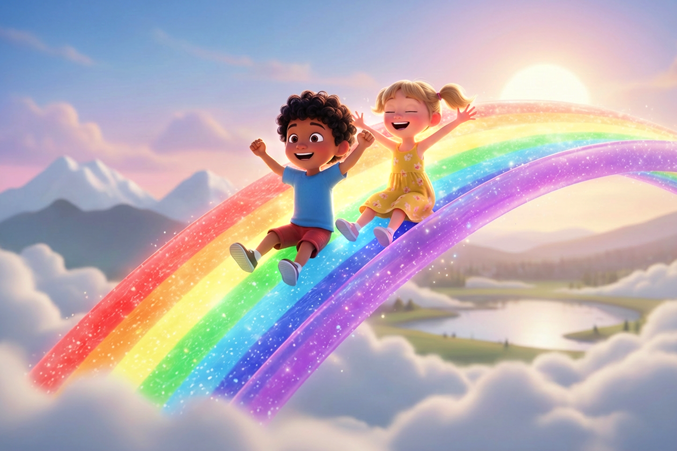 Un bambino e una bambina fanno lo scivolo su un grande arcobaleno, ridendo felici. Illustrazione di come i bambini amano imparare i colori in inglese