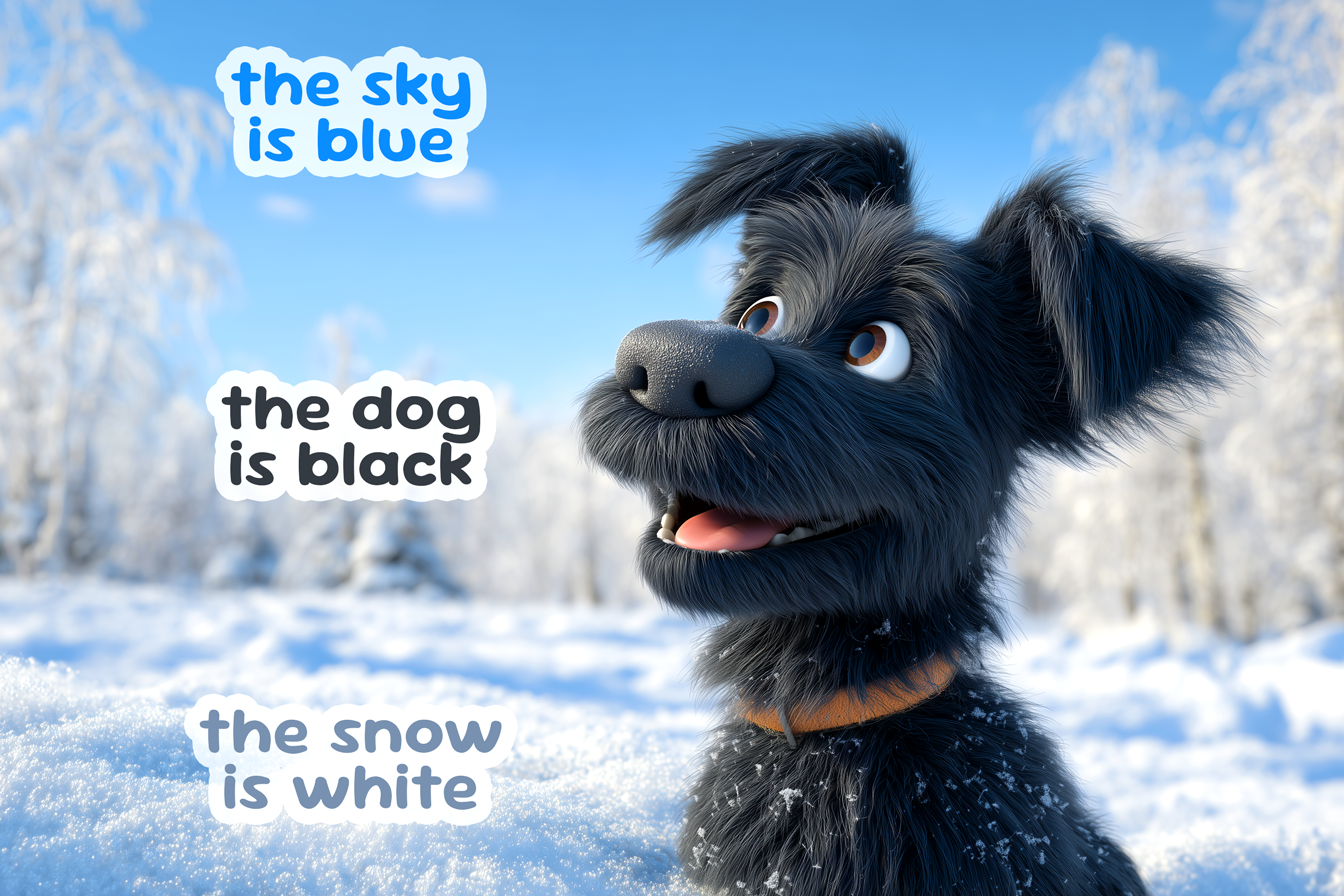 Illustrazione della semplice frase con colori di base in inglese: The sky is blue, the dog is black, the snow is white