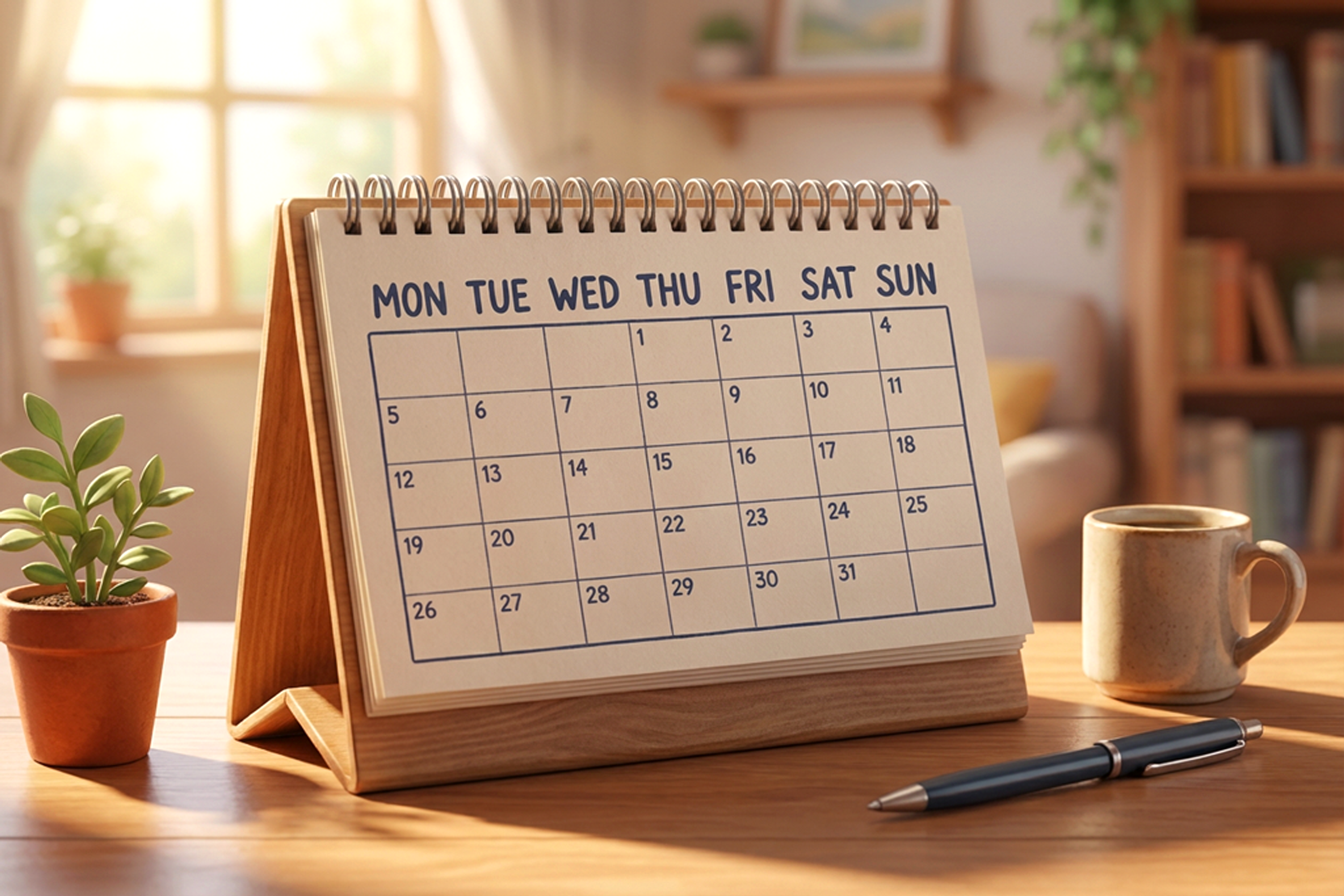 Illustrazione di un calendario da tavolo dove si vedono tutti i giorni della settimana in inglese.