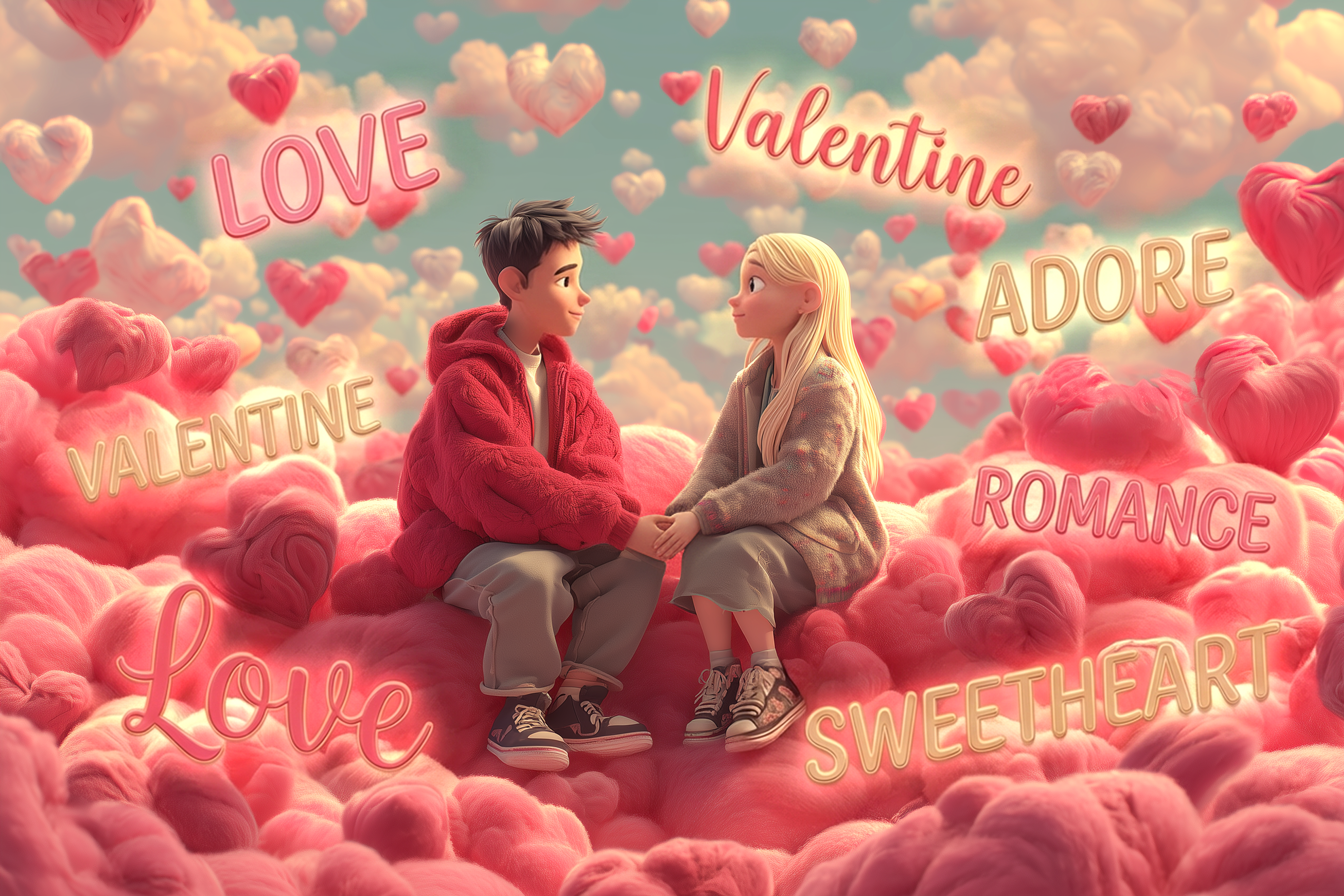 Un ragazzo e una ragazza si guardano negli occhi e si tengono la mano, seduti su una grande e soffice nuvola rosa al cui interno sono decine di parole e di cuori, simboli di tutte le frasi san valentino che si scambiano gli innamorati