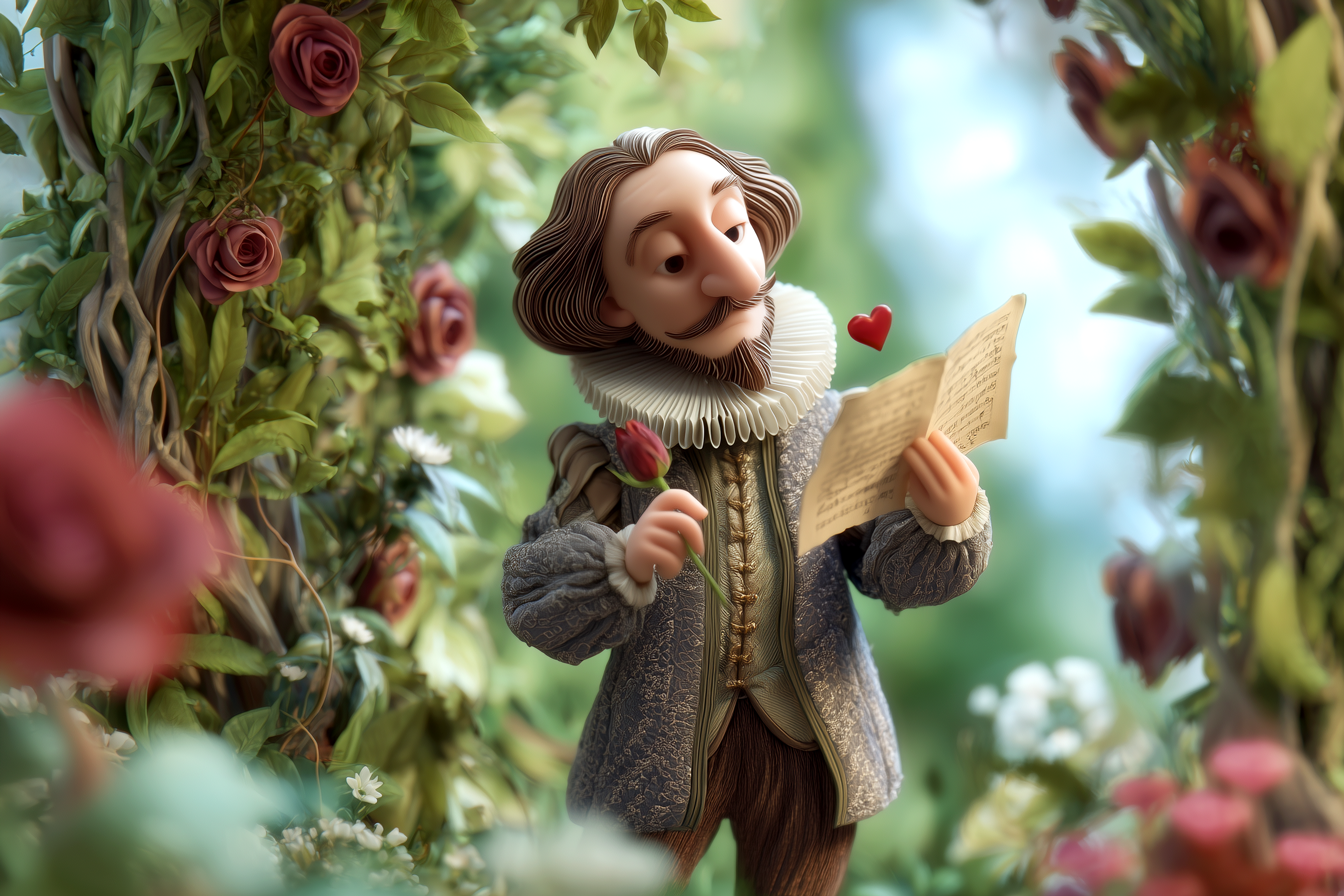Vediamo un'immagine cartoon di William Shakespeare che declama una poesia d'amore come auguri di san valentino