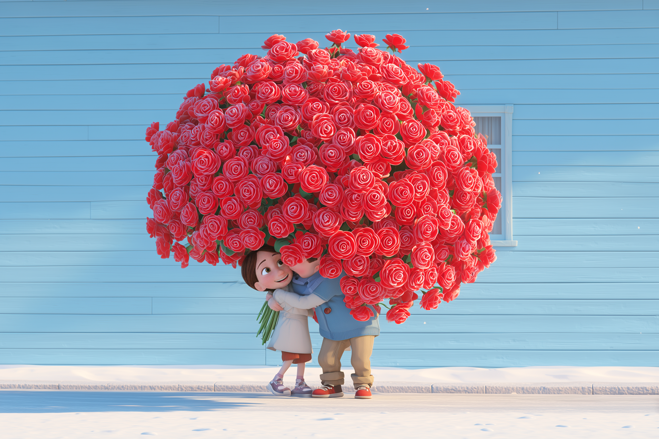 Un ragazzo offre alla sua ragazza un gigantesco mazzo di rose, talmente enorme che lui scompare dietro di esso. la ragazza ride felice