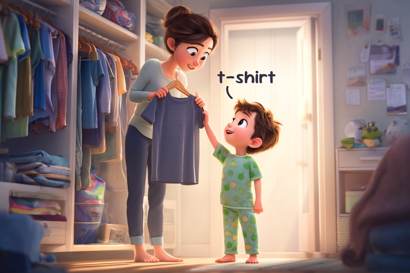 Vediamo un bambino appena alzato che insieme alla sua mamma davanti all'armadio sceglie cosa indossare dicendo i nomi dei vestiti in inglese